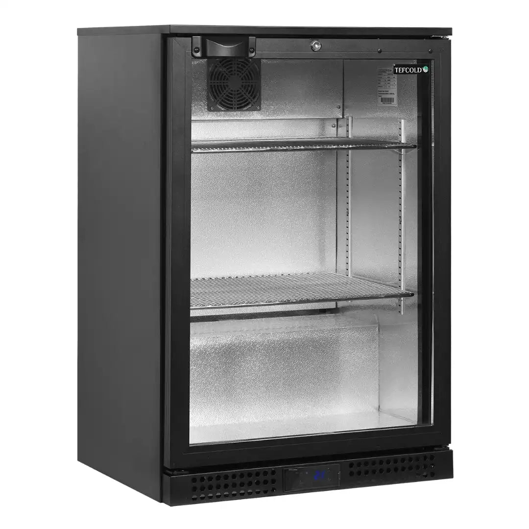 TEFCOLD BA11H svart flaskkyl med glasdörr och två trådhyllor