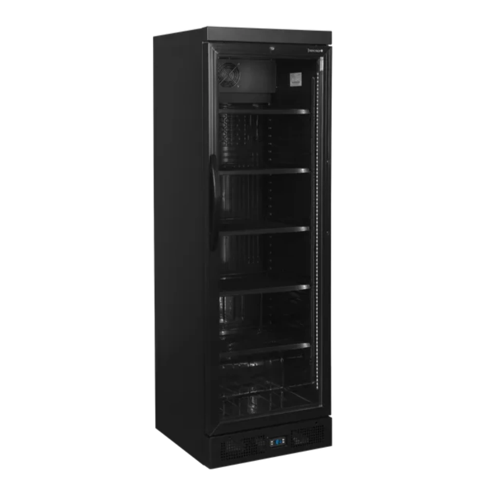 Stängd TEFCOLD CEV435 BLACK Dryckeskyl med tomma invändiga hyllor.