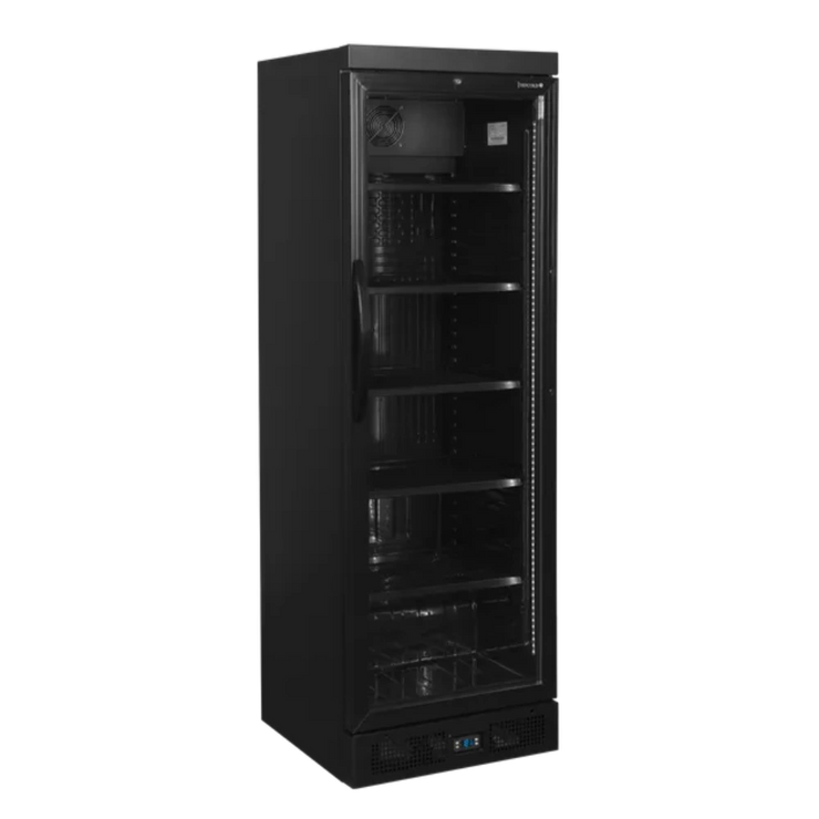 Stängd TEFCOLD CEV435 BLACK Dryckeskyl med tomma invändiga hyllor.