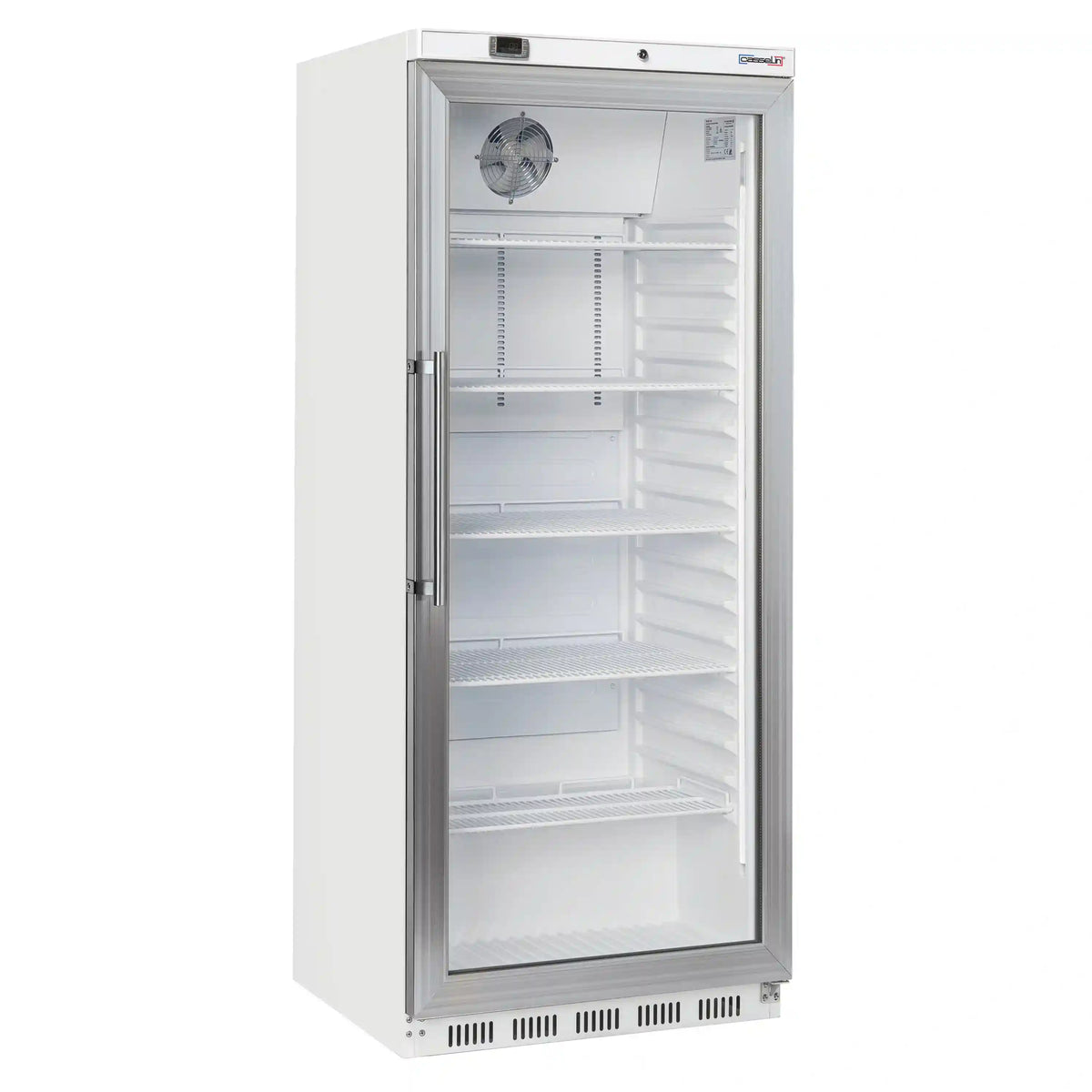 Casselin CAPV600L dryckeskyl i vitt med glasdörr, invändig belysning och flera hyllplan