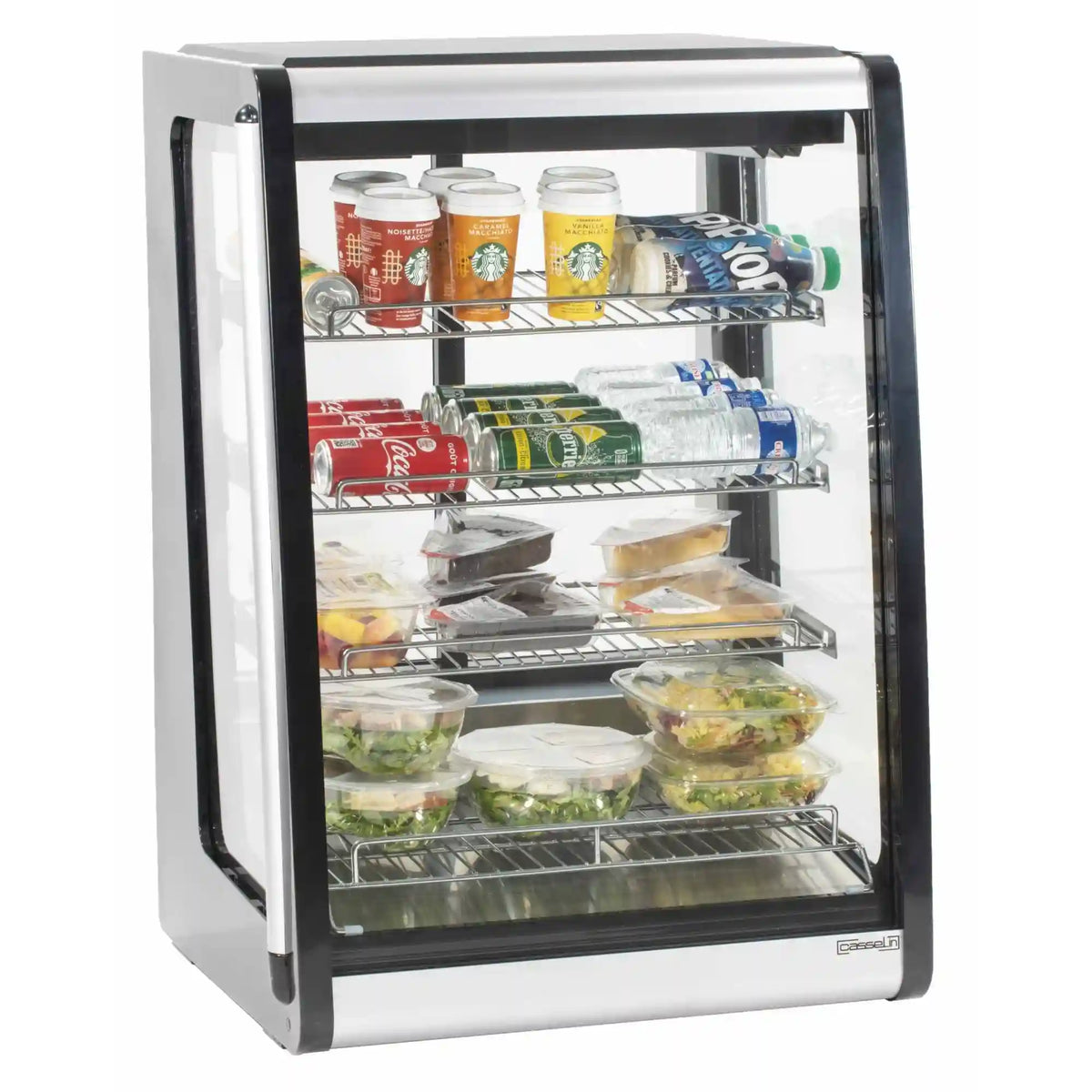 Casselin CVR129L kylmonter med glasdörr, flera hyllplan och invändig LED-belysning.