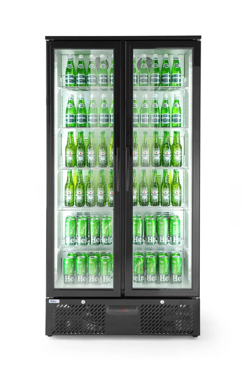 Displaykyl HENDI 477 L med två glasdörrar, fylld vy med belysning och flera hyllor