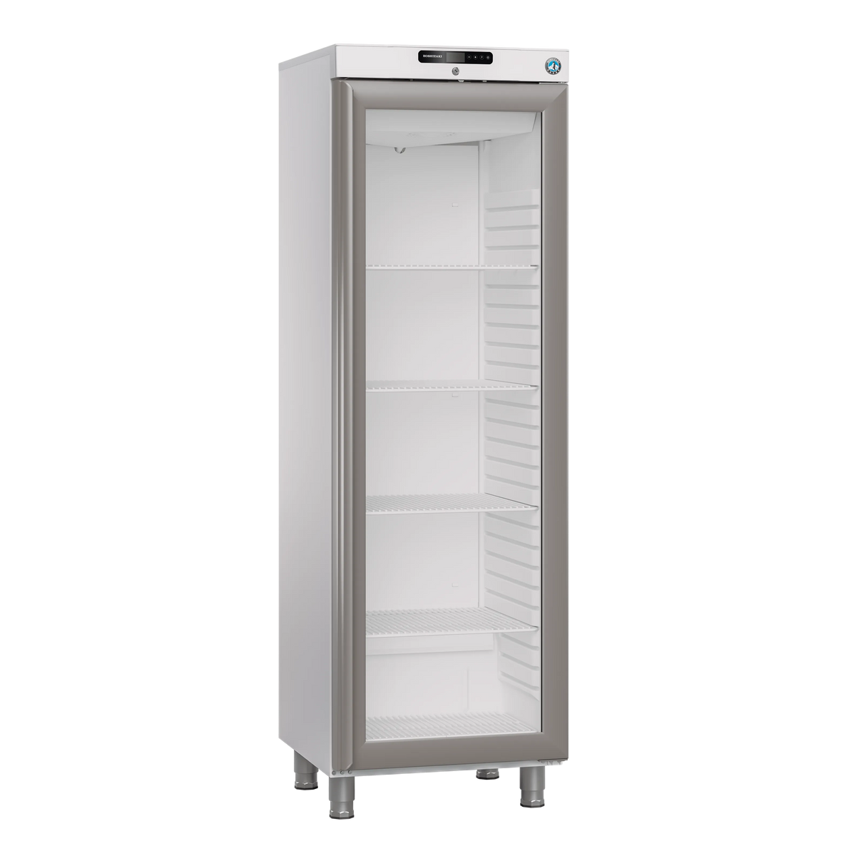 Hoshizaki FG420L L1 DR G E Displayfrys 343 L, sedd rakt framifrån mot vit bakgrund