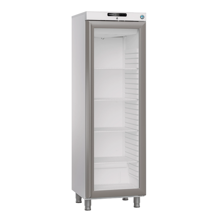 Hoshizaki FG420L L1 DR G E Displayfrys 343 L, sedd rakt framifrån mot vit bakgrund
