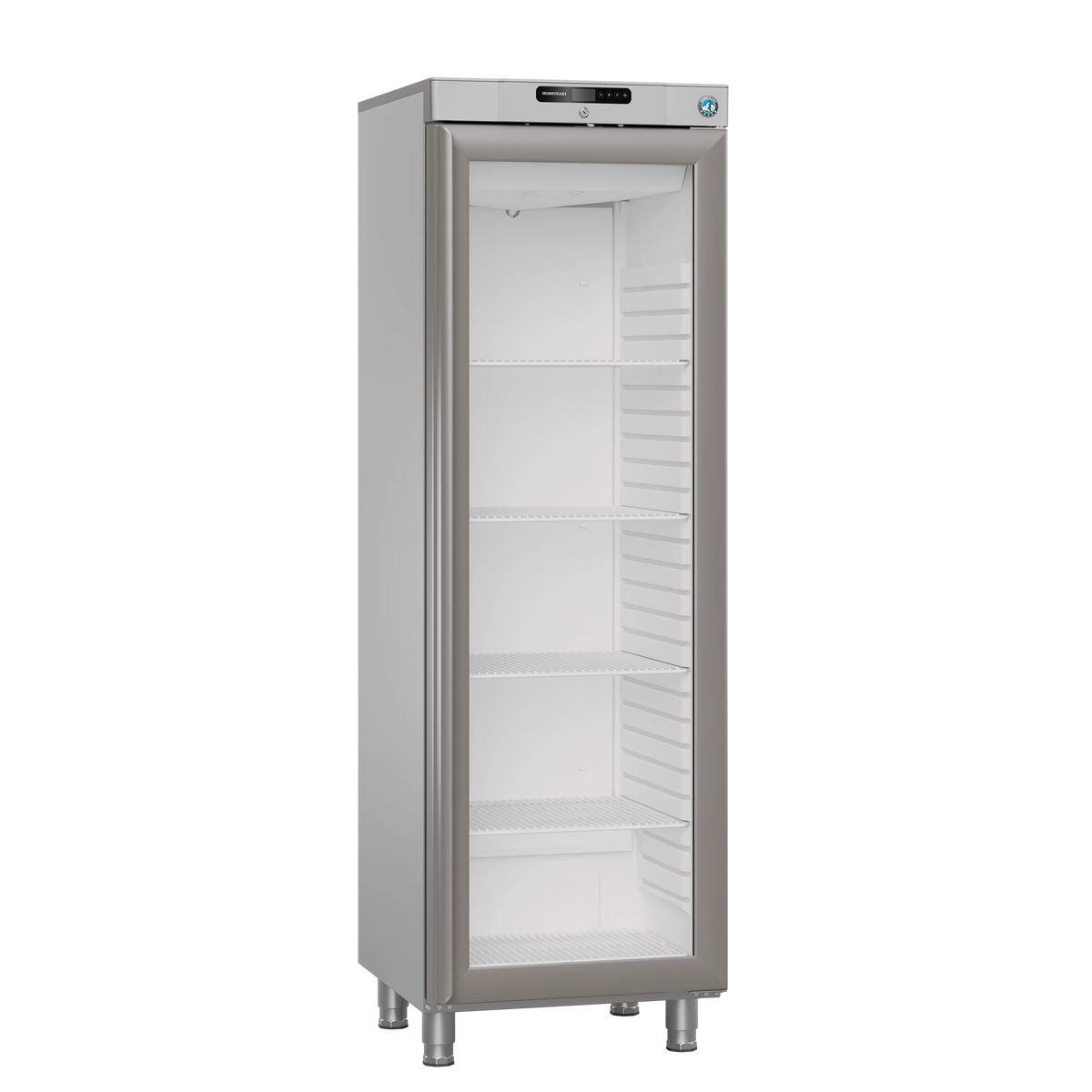 Hoshizaki FG420R L1 DR G E Displayfrys 343 L, sedd rakt framifrån mot vit bakgrund