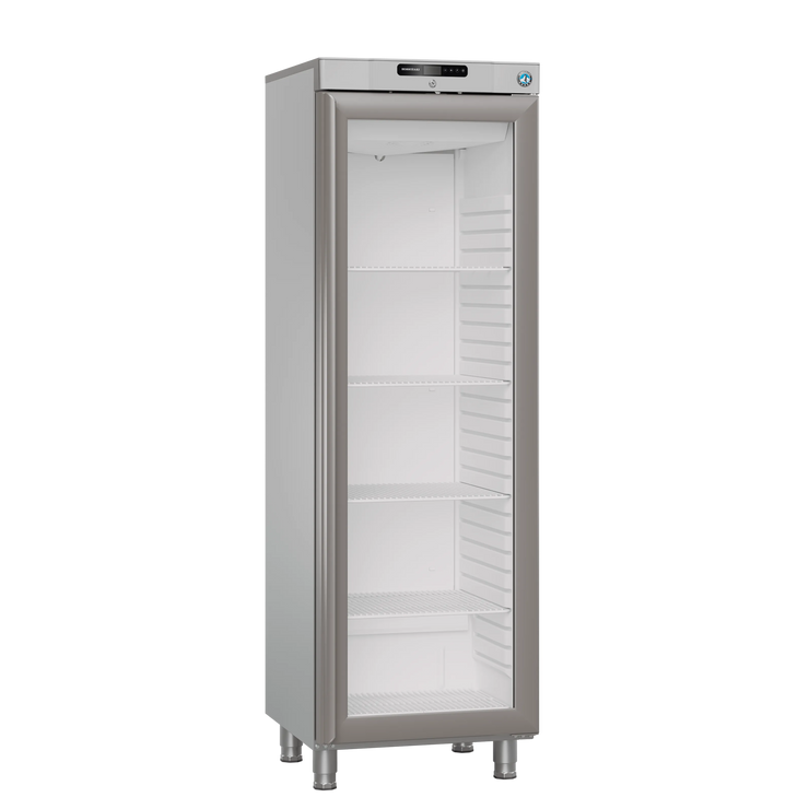 Hoshizaki FG420R L1 DR G E Displayfrys 343 L, sedd rakt framifrån mot vit bakgrund