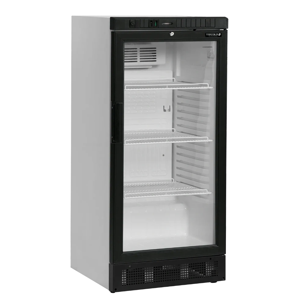 TEFCOLD SCU1220 Dryckeskyl med glasdörr och tre hyllplan, visad tom.