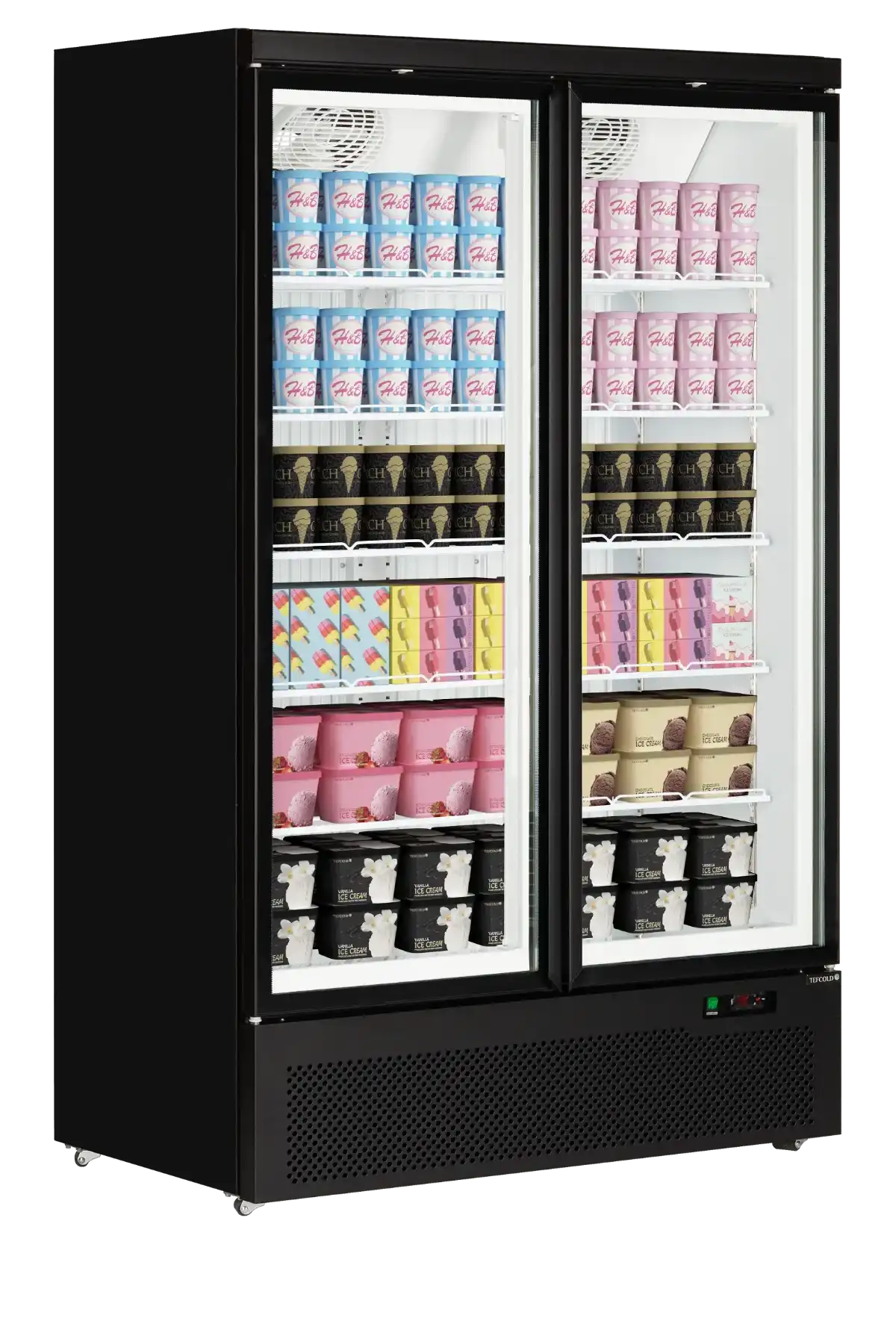 Fylld TEFCOLD Atom Maxi F2DB displayfrys med glassprodukter