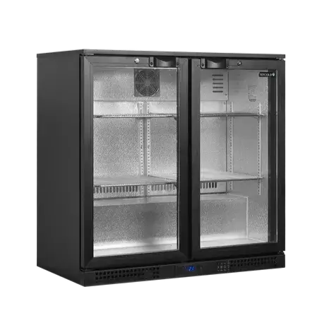 TEFCOLD BA21H visad med stängda glasdörrar och tom invändig struktur med metallhyllor.