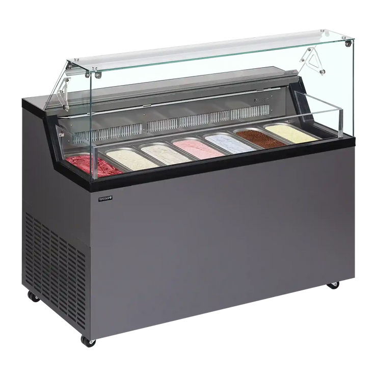 TEFCOLD MIRABELLA 7 Glassdisk 329 L, närbild med fokus på lådor med glass