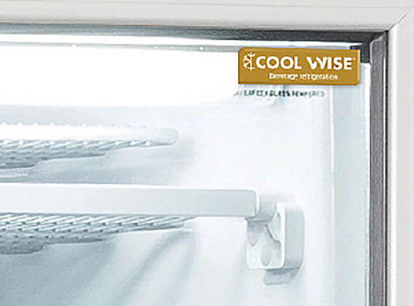 Insida av Cool Head TNG 390C Displayfrys med belysning och Cool Wise-logotyp.