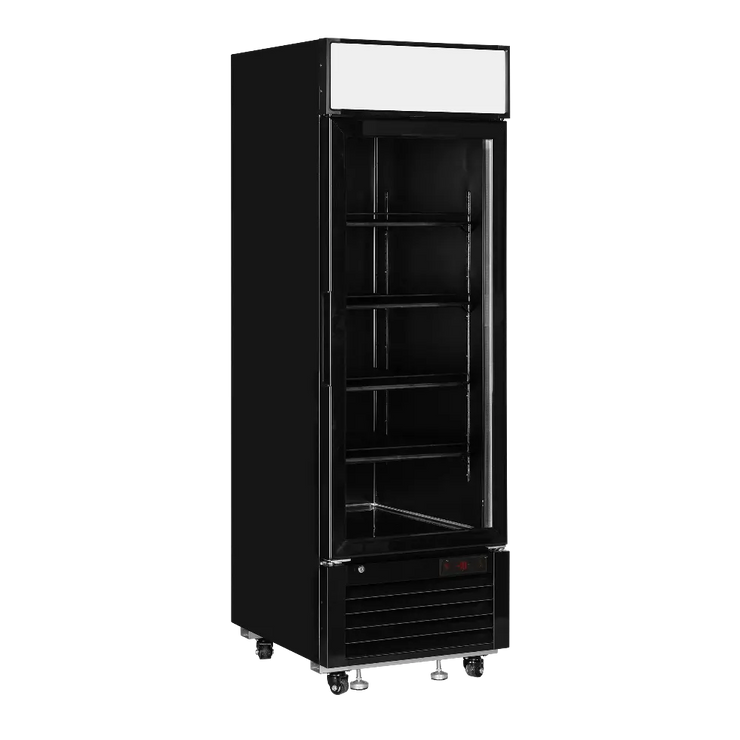 Svart TEFCOLD LGF2500B Displayfrys i öppet läge med synliga hyllplan.