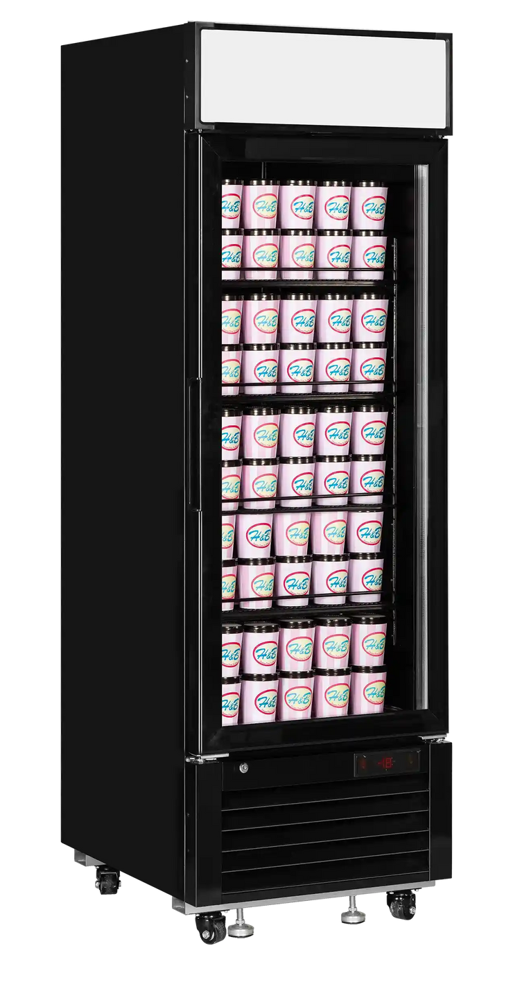 TEFCOLD LGF2500B Displayfrys med glasdörr och fyllda hyllor med glassbägare.