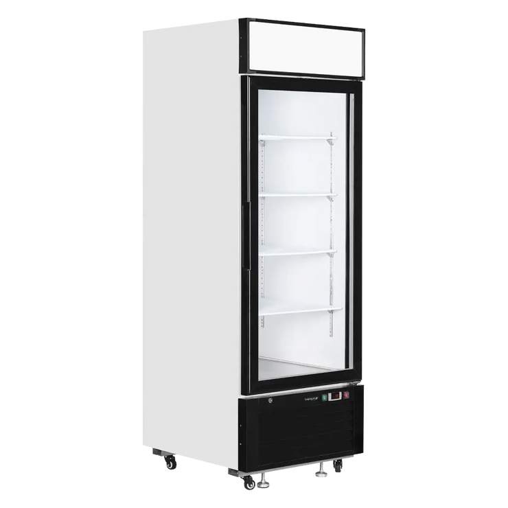 Vit TEFCOLD LGF2500 Displayfrys i öppet läge med synliga hyllplan.