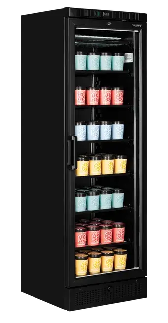 Fylld TEFCOLD UFSC371G BLACK Displayfrys med färgglada glassbägare