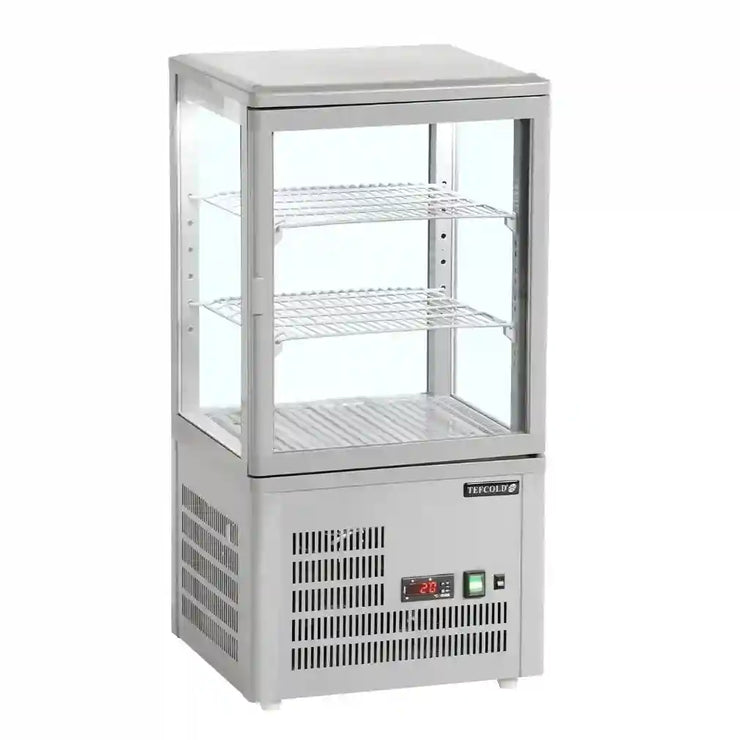TEFCOLD UPD60 kylmonter i grått utförande med två gallerhyllor och glas på alla sidor för full insyn.