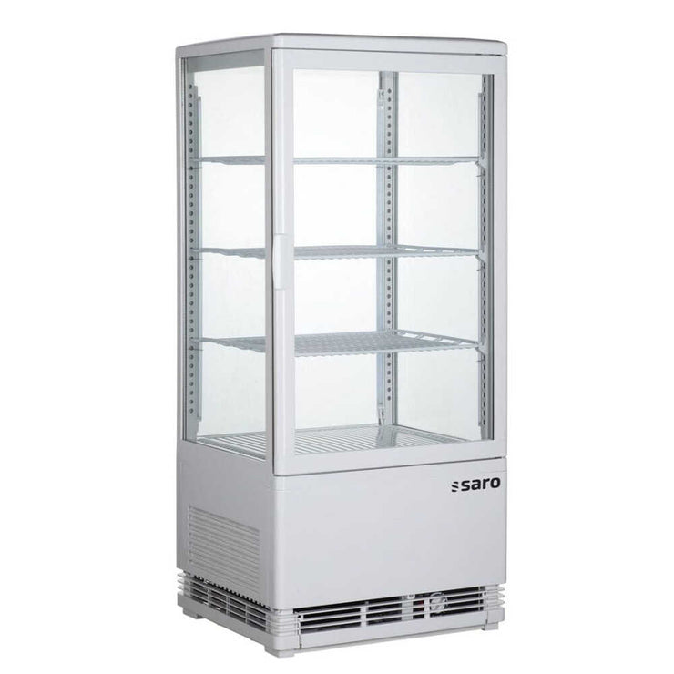 SARO SC 80 Kylmonter i vitt med fyra hyllplan och glas runt om.