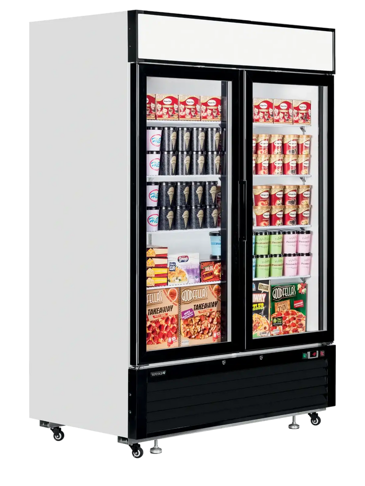 TEFCOLD LGF5000 displayfrys fylld med glass och frysta varor