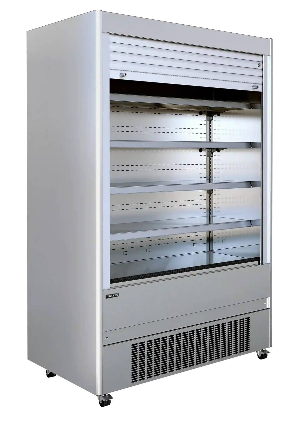 TEFCOLD MCX130M väggkyl öppnad med hyllplan och jalusi upptill