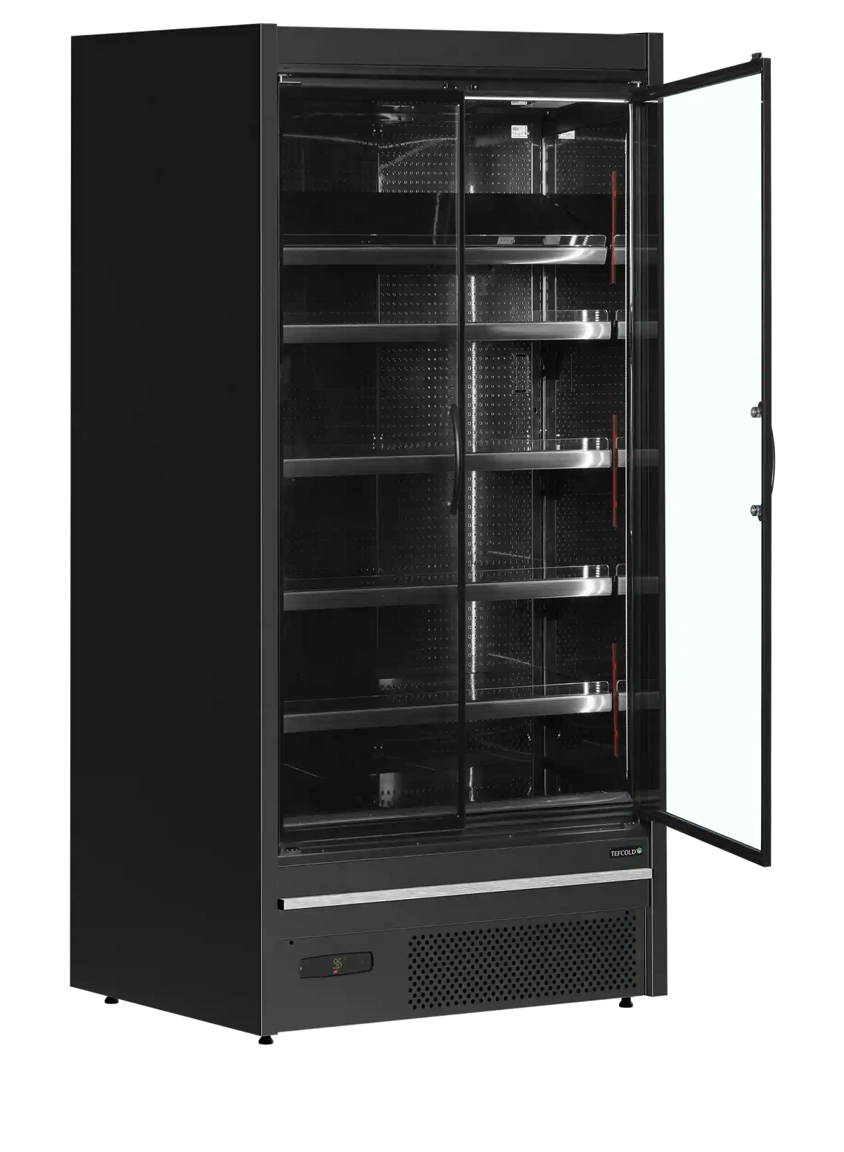 TEFCOLD MDCA937HB väggkyl med öppen glasdörr och tomma hyllor