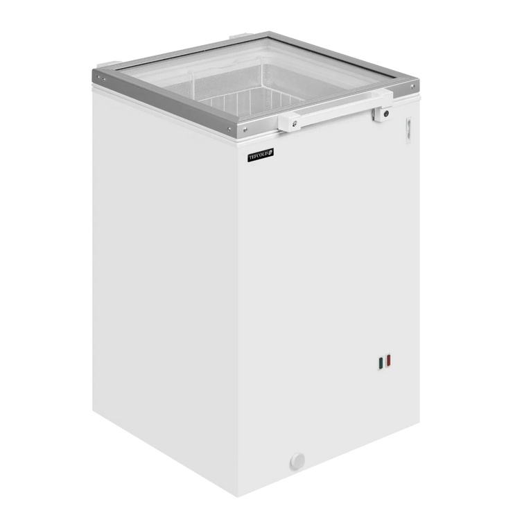 TEFCOLD ST160 Frysbox med glaslock i stängt läge.