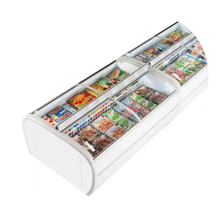 TEFCOLD TWIN 220-F Frysbox med dubbla glaslock och varor.