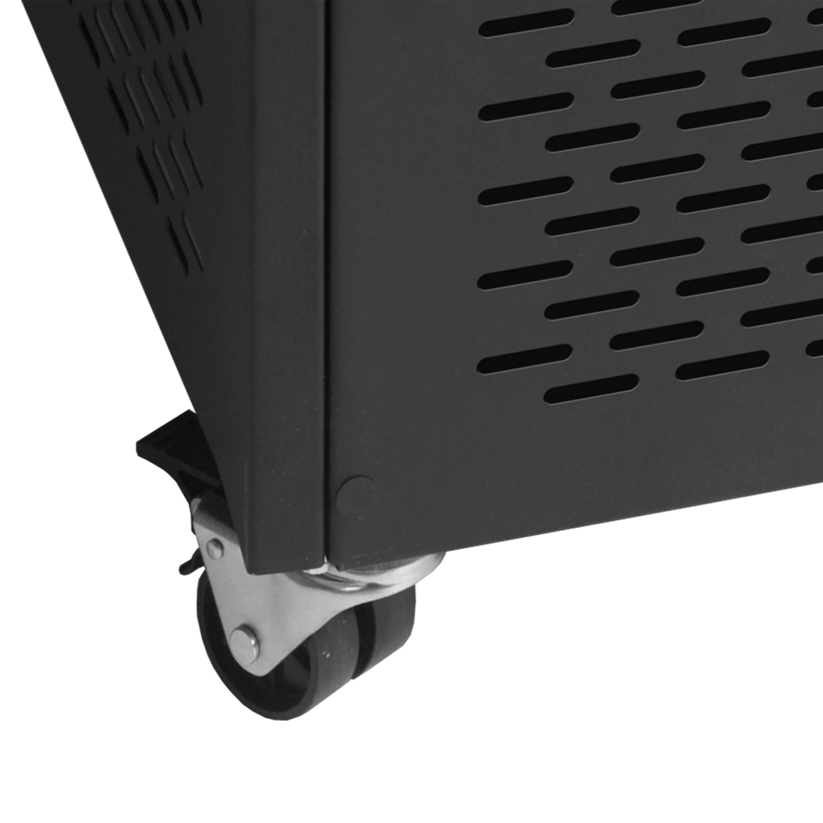 Närbild på hjul och ventilationsgaller på TEFCOLD UHD201 Black Frysgondol
