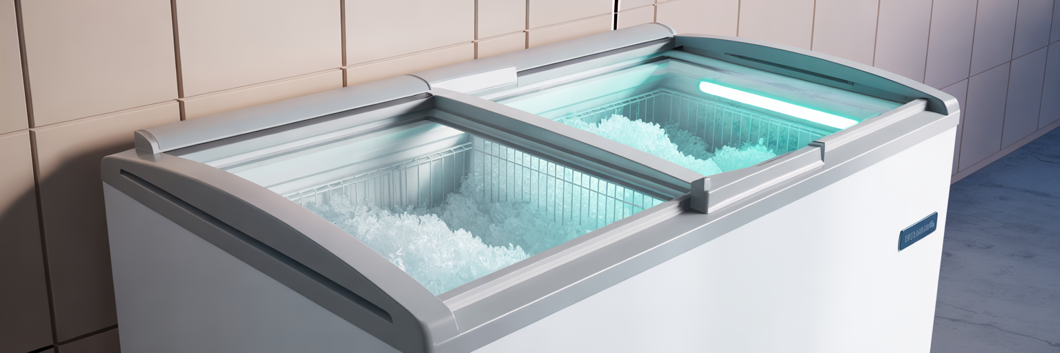 Glastoppad frysbox med tydlig isuppbyggnad i båda sektioner.