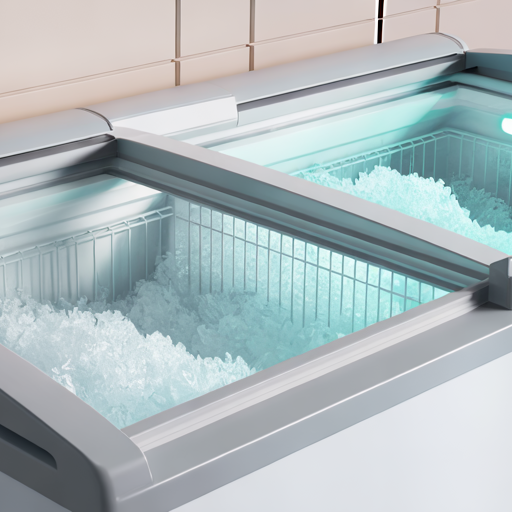 Glastoppad frysbox med tydlig isuppbyggnad i båda sektioner.