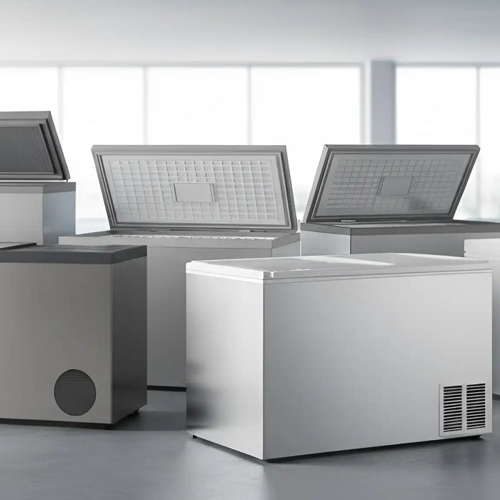 Flera moderna frysboxar med och utan glaslock i en ljus och stilren showroommiljö.
