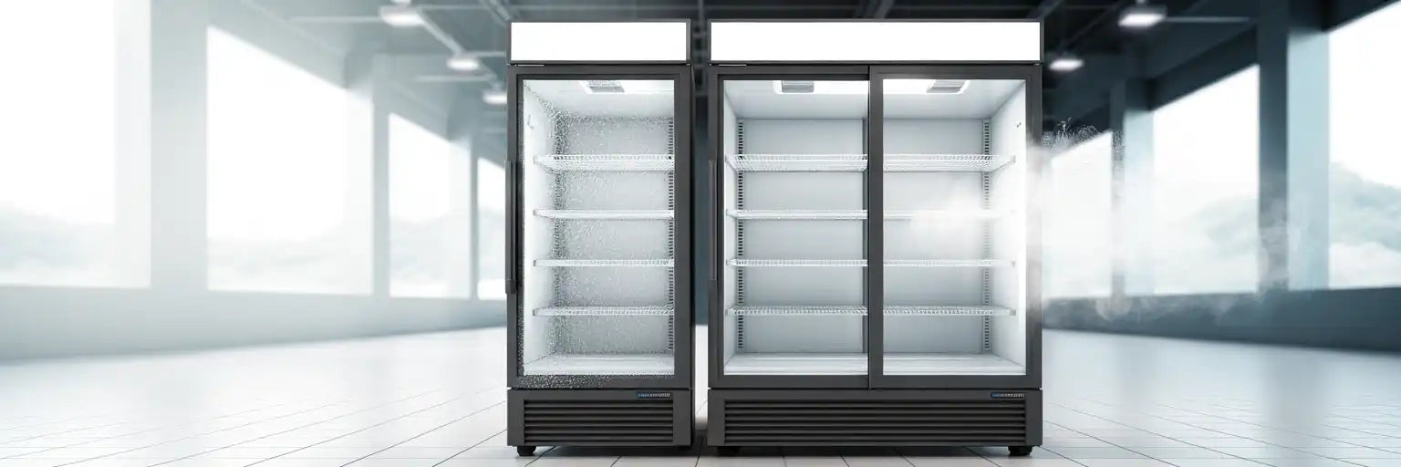 Två frysar i ljus butiksmiljö, en med frost och isbildning och en ren utan is med No Frost