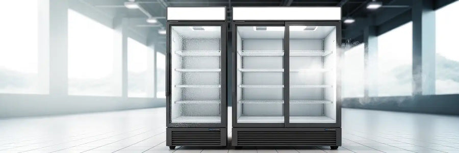 Två frysar i ljus butiksmiljö, en med frost och isbildning och en ren utan is med No Frost