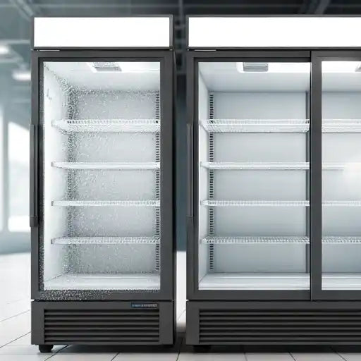 Två frysar i ljus butiksmiljö, en med frost och isbildning och en ren utan is med No Frost