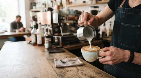 Barista häller mjölk och gör latte art i en kopp vid bardisken, en vardag