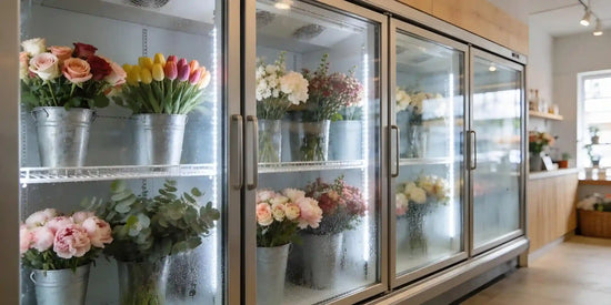 Blomsterkyl med glasdörrar fylld med rosor, tulpaner och pioner i zinkhinkar