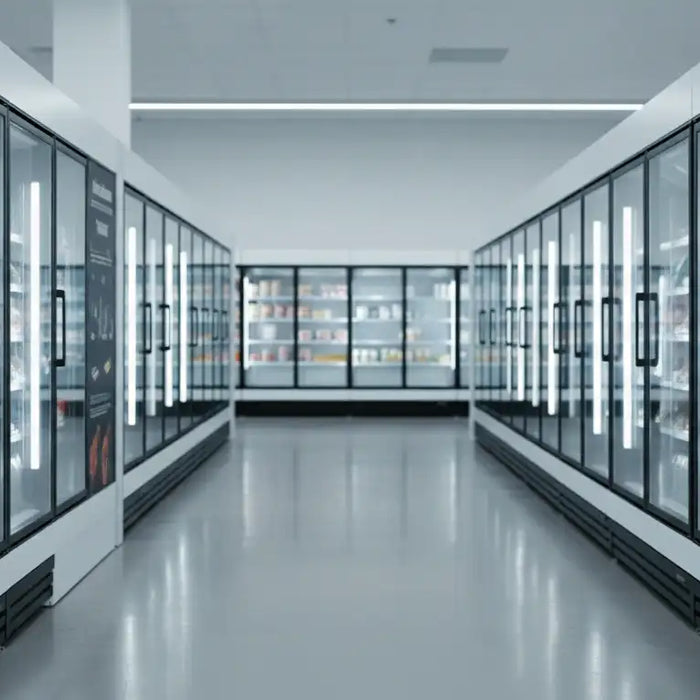 Butiksgång med flera displayfrysar på rad med stark LED-belysning.
