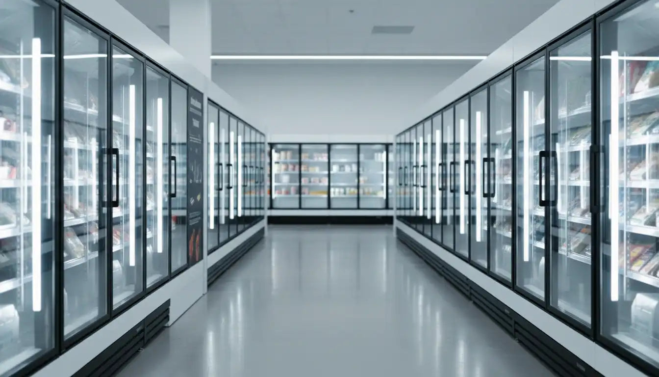 Butiksgång med flera displayfrysar på rad med stark LED-belysning.