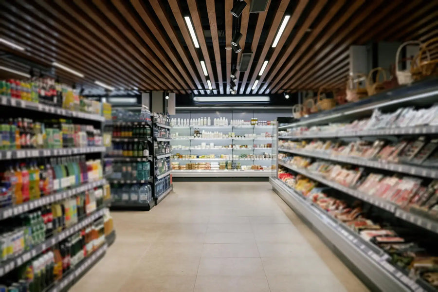 Butiksinredning med träpanel i taket, belysning och öppna kylhyllor