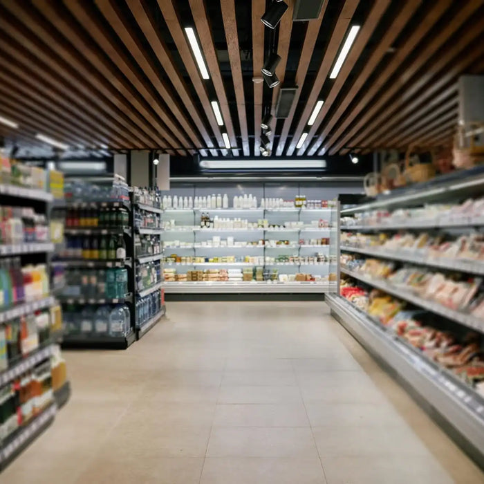 Butiksinredning med träpanel i taket, belysning och öppna kylhyllor