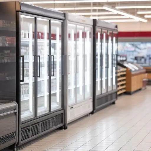 Olika butikskylar med glasdörrar i livsmedelsbutik.