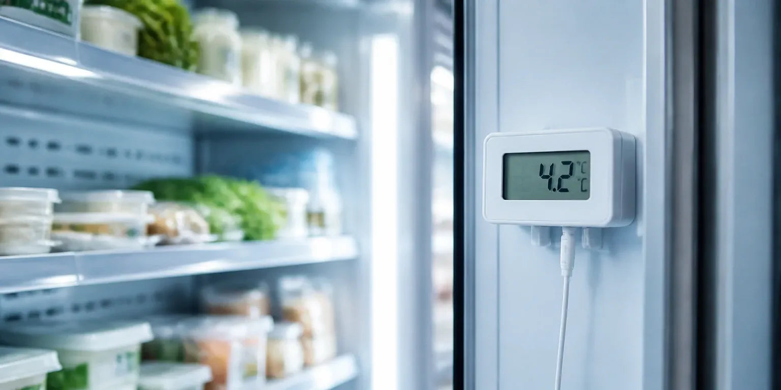 Digital termometer monterad på kylskåp för temperaturkontroll, visar 4,2 grader