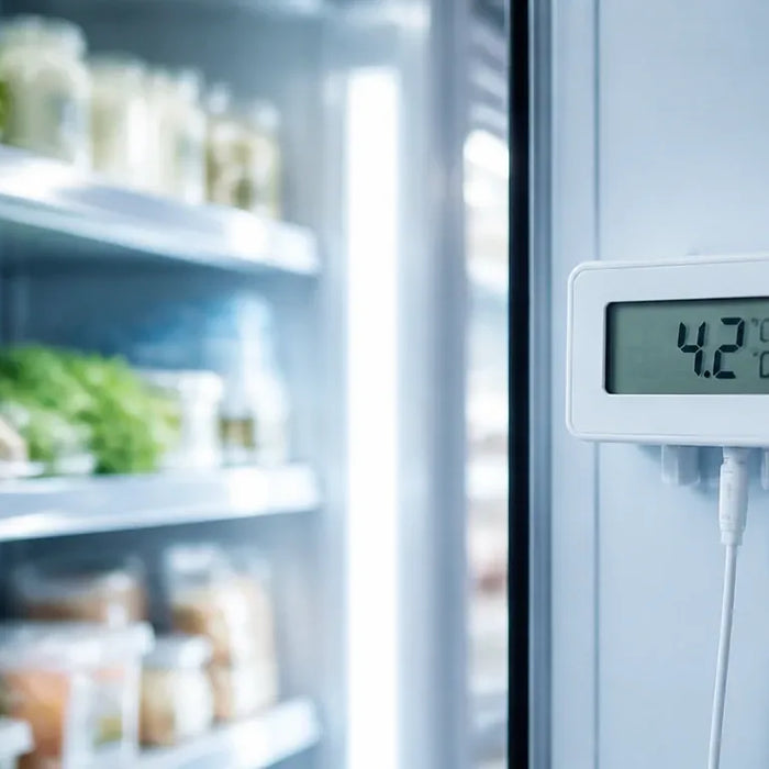 Digital termometer monterad på kylskåp för temperaturkontroll, visar 4,2 grader