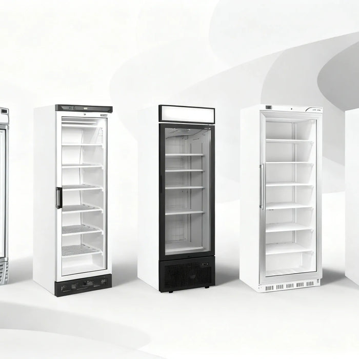Sju displayfrysar med glasdörr i olika storlekar och modeller uppställda bredvid varandra.