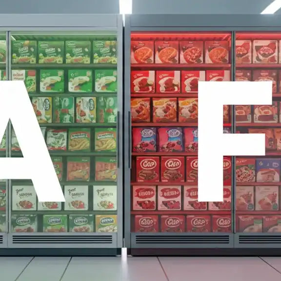 Två displayfrysar som jämför energiklass frys, A och F i butiksmiljö.