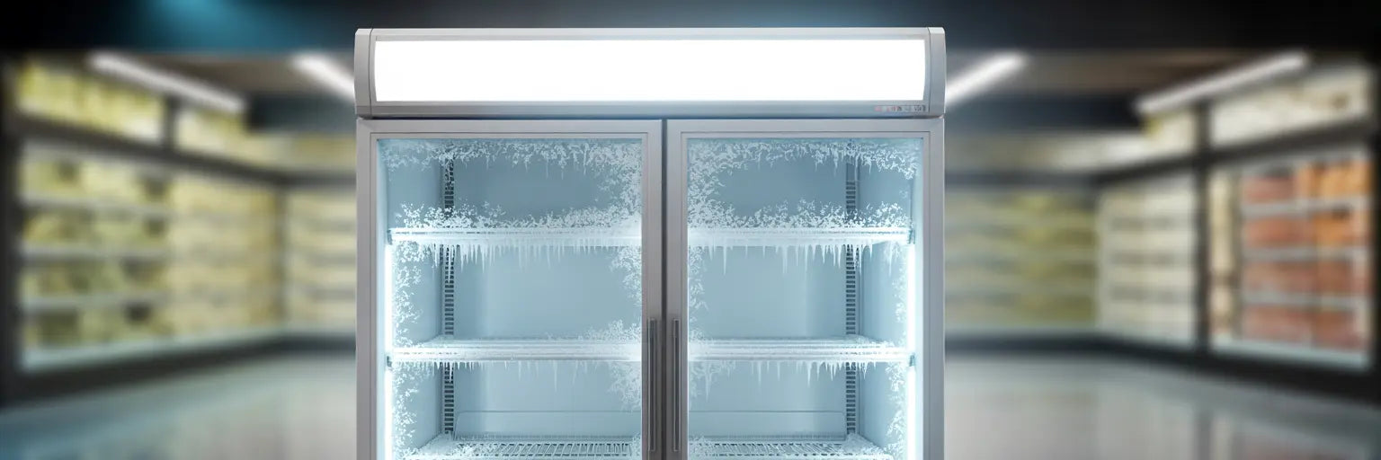 Displaykyl med frostiga hyllor i en lätt butiksmiljö.