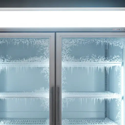 Displaykyl med frostiga hyllor i en lätt butiksmiljö.