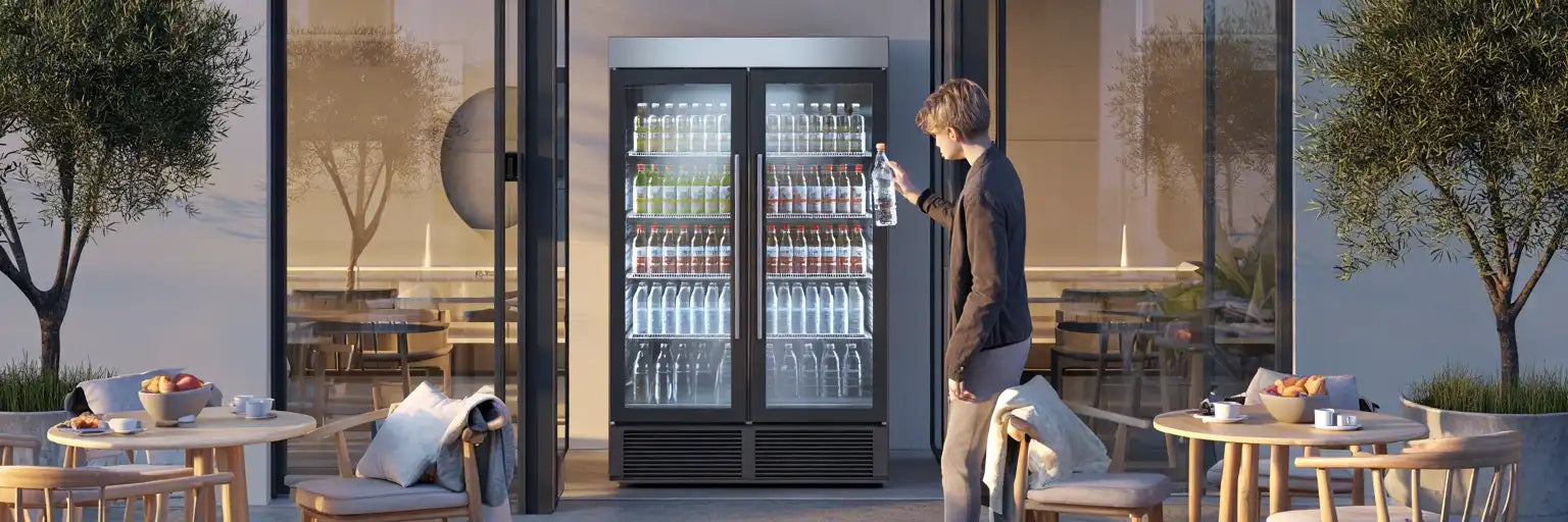 Dubbel displaykyl med glasdörrar på uteservering i kvällsljus