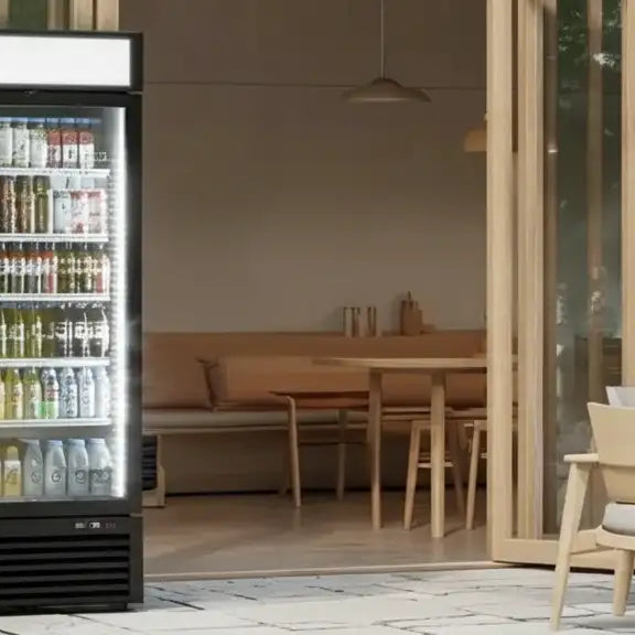Displaykyl utomhus fylld med drycker utanför en skandinavisk uteservering.