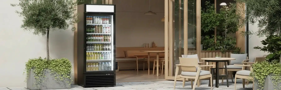 Displaykyl utomhus fylld med drycker utanför en skandinavisk uteservering.