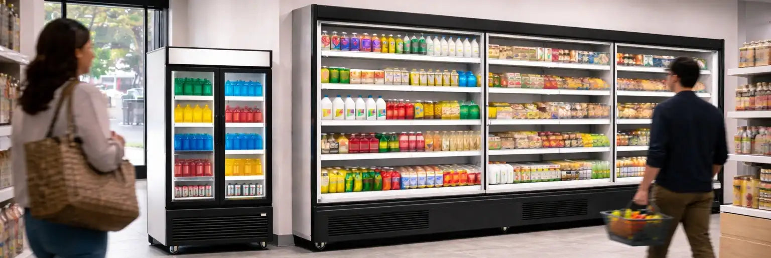 Displaykyl och väggkyl placerade i butikens kundflöde